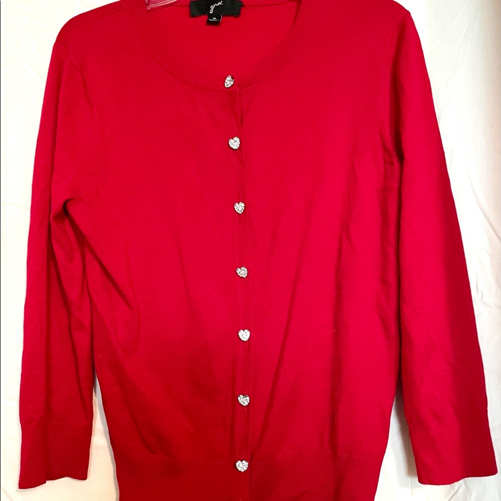 Bright red holiday cardigan size L, heart shaped rhinestone buttons